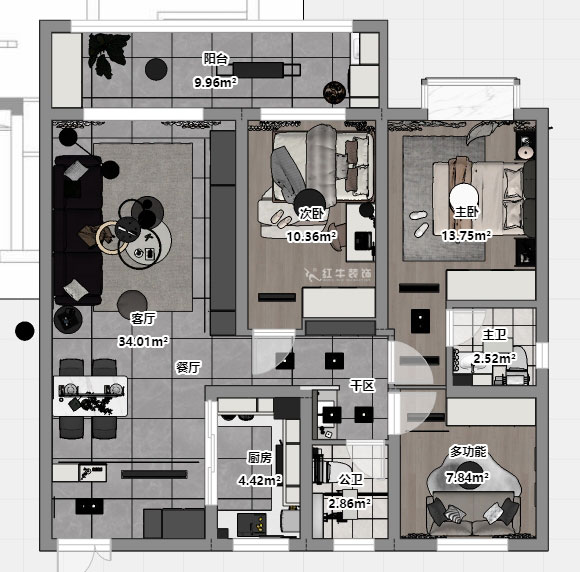 孟宪涛｜金浦御龙湾-I区3-1-204-120㎡-简约风格｜3室2厅2卫｜新房装修｜定制家｜全包16万｜00_03平面彩图